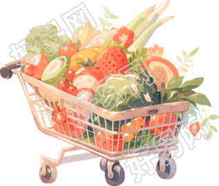 2D平面插画商业设计装满蔬菜水果的购物车