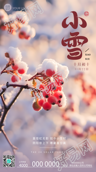雪中红浆果唯美景色24节气小雪手机海报