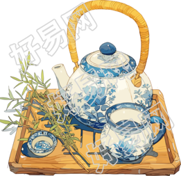 清茶蓝白色茶杯素材