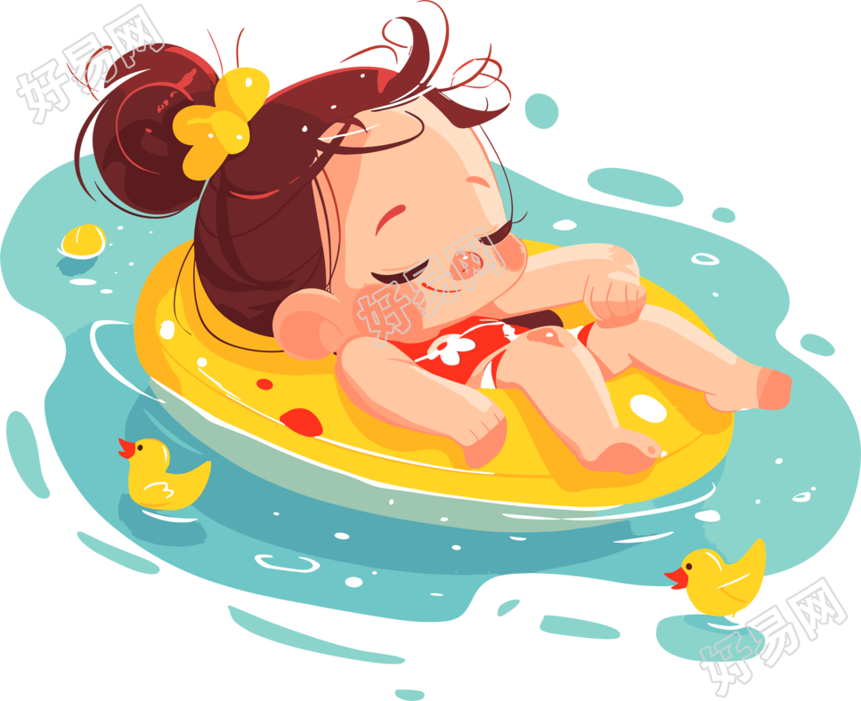 游泳女孩可爱平面插画