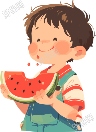 吃西瓜的小孩扁平插画