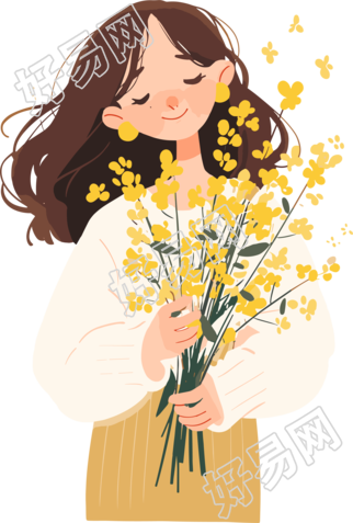 抱着花的女生插画素材