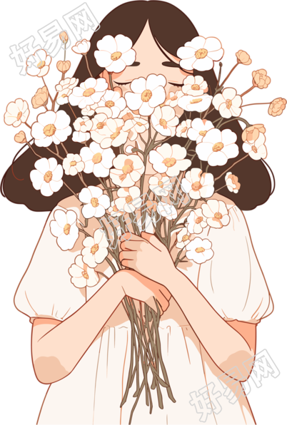 抱着花的女生高清插画素材