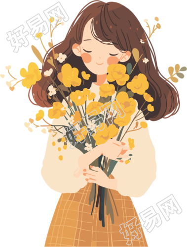 抱着花的女生简笔插图