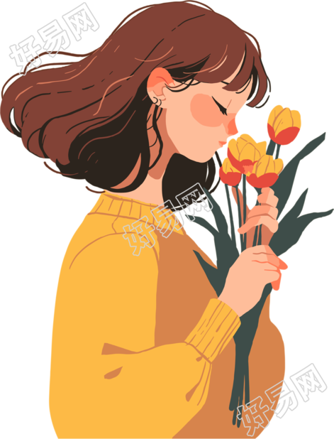 抱着花的女生插画