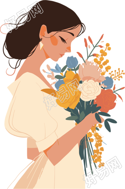 抱着花的女生插图