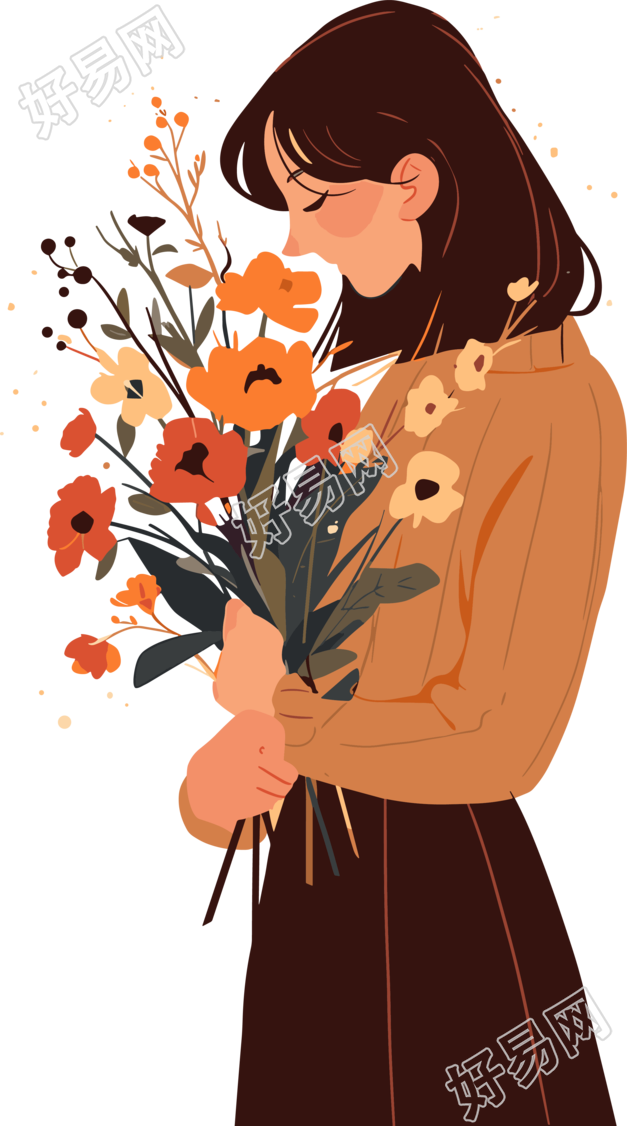 抱着花的女生透明背景插画
