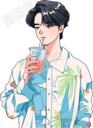 拿水杯的男生插画设计素材