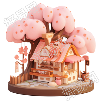 3D粉色小房子插画