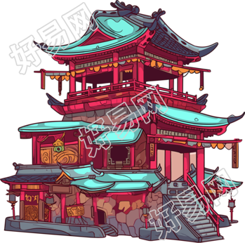 国风阁楼矢量插图
