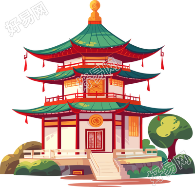 国风阁楼插画设计元素