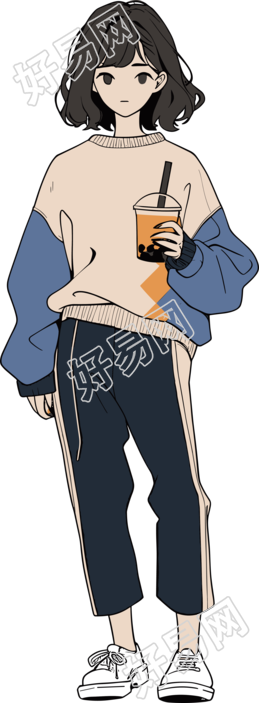喝奶茶的女生手绘插画设计素材