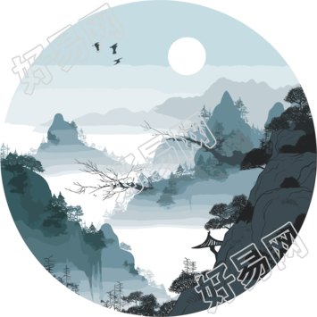 国潮风远山扁平插画