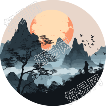 国潮风远山透明背景插画