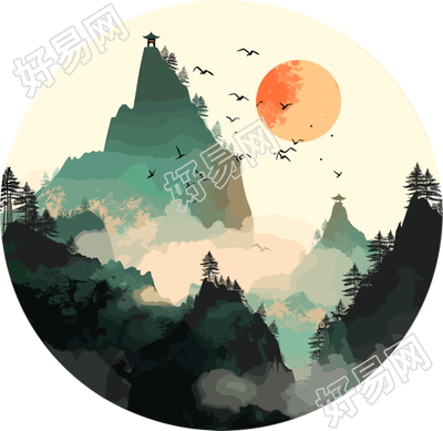国潮风远山平面插画素材