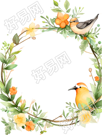 绿色边框花环小鸟PNG素材