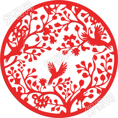 红色剪纸花鸟简约插图