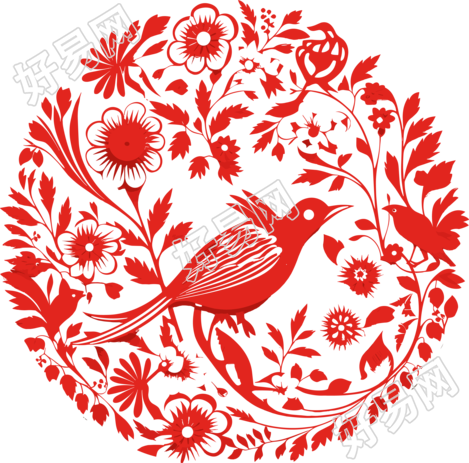 红色剪纸简约花鸟素材