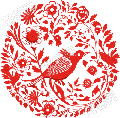 红色剪纸简约花鸟素材