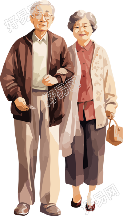 亚洲老夫妇简约高清透明背景插画