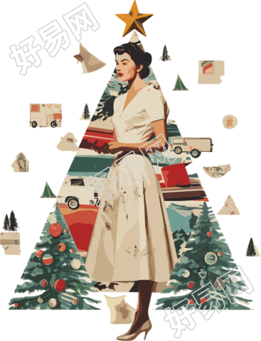 圣诞复古拼贴美女创意设计元素