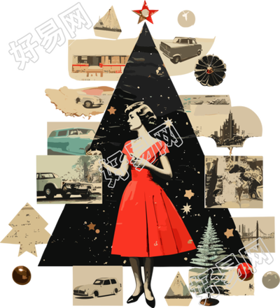 圣诞复古拼贴美女高清PNG插图