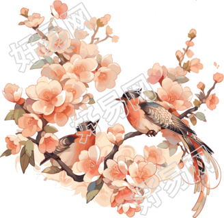 中国画花鸟透明背景PNG素材