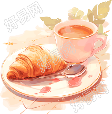 牛角包咖啡可爱插画