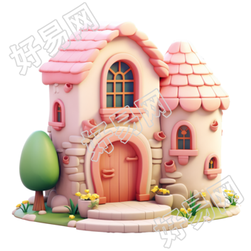 3D粉色小房子元素
