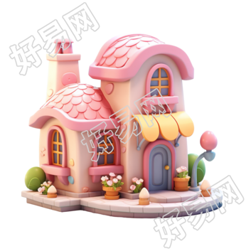 3D粉色小房子透明背景素材