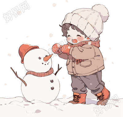 堆雪人的小男孩穿着冬装插画