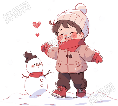 堆雪人的小男孩插画
