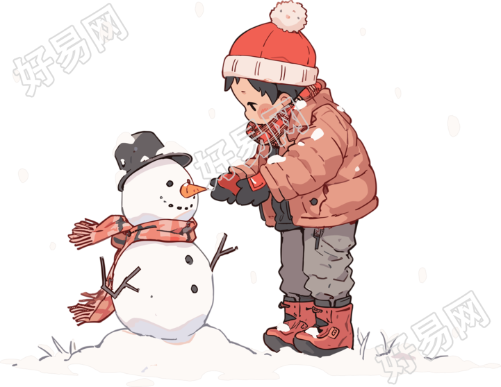 堆雪人的小男孩插图