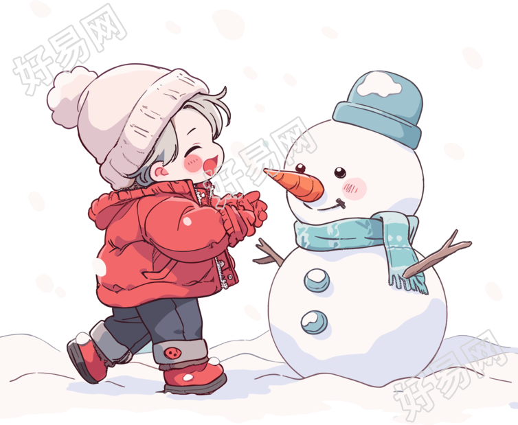 堆雪人的小男孩冬季服装插画