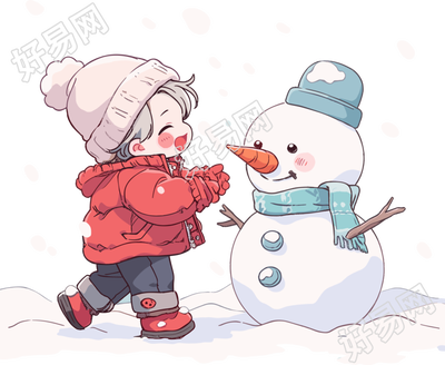 堆雪人的小男孩冬季服装插画