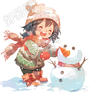 堆雪人的小女孩插画