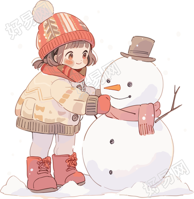 堆雪人的小女孩欢快雪天插画