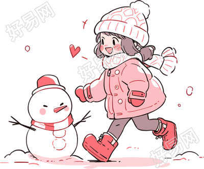 堆雪人的小女孩可爱插图
