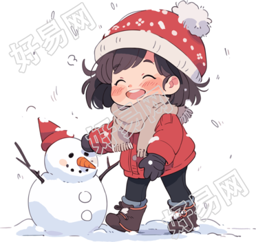 堆雪人的小女孩快乐雪天插画