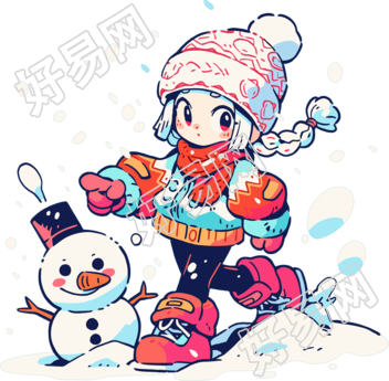 堆雪人的小女孩欢快的雪天场景素材