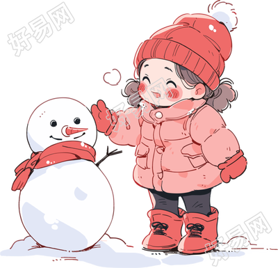 堆雪人的小女孩穿着羽绒服素材