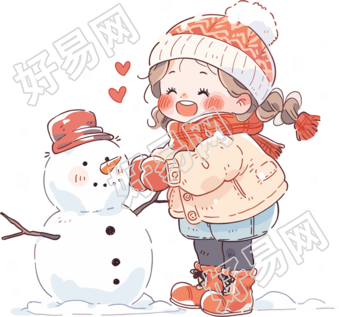 堆雪人的小女孩穿冬装插画