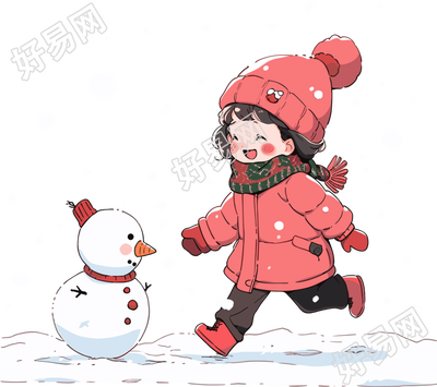 堆雪人的小女孩可爱插图