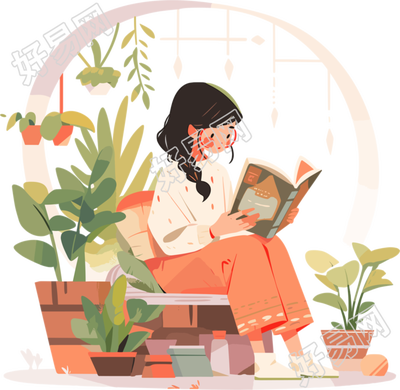 阅读女孩2D平面商业插图