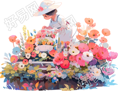 女生与植物的2D图形插画