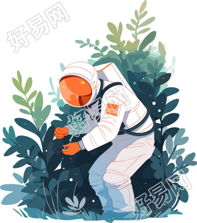 宇航员和植物明亮清爽2D图形插画