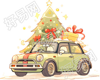 圣诞树和车卡通贴纸插画