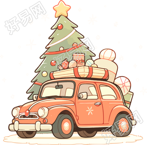 圣诞树和车卡通风格设计插画