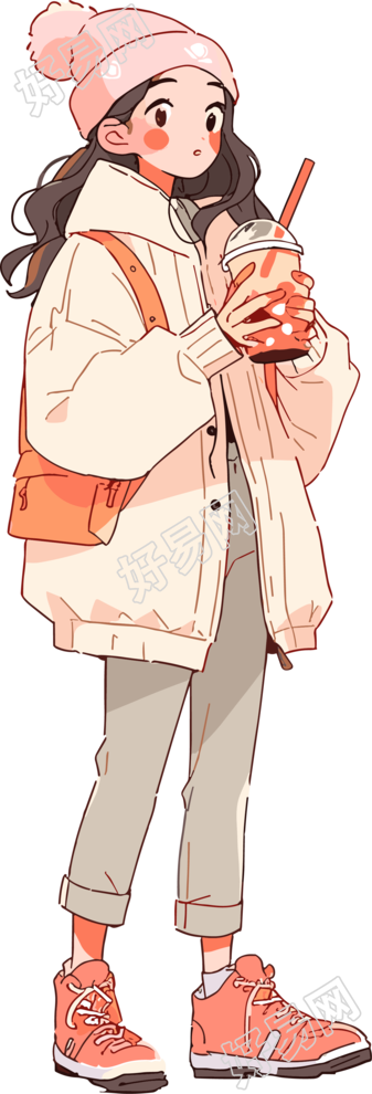 喝奶茶的女生创意设计插画