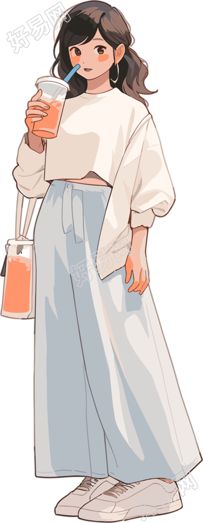 喝奶茶的女生简约设计插画